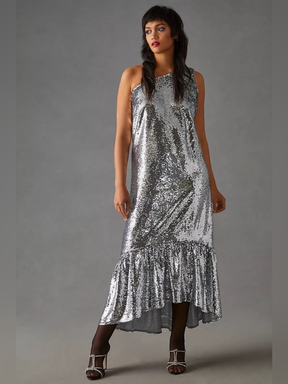NWT - MAEVE One-Shoulder Sequin Dress in Silver. Large. Anthropologie